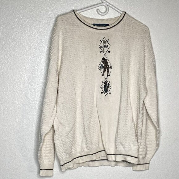 Vintage Golf Sweater Carmel Men's White Sz L Embroidered Pullover Preppy Cotton